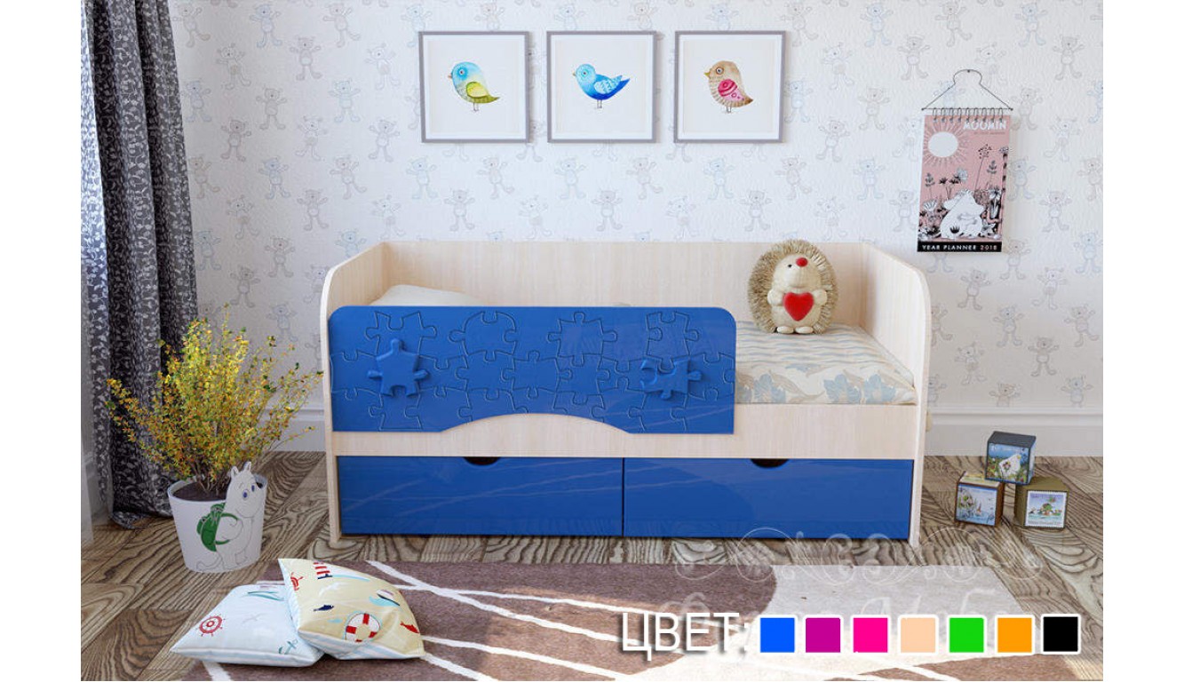 Кровать детская Дельфин с 2 ящиками и бортиком сборка