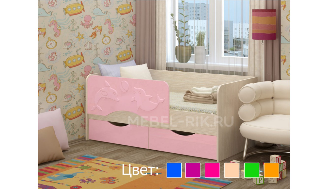 Детская кровать "Дельфин 2" 1,6м розовая
